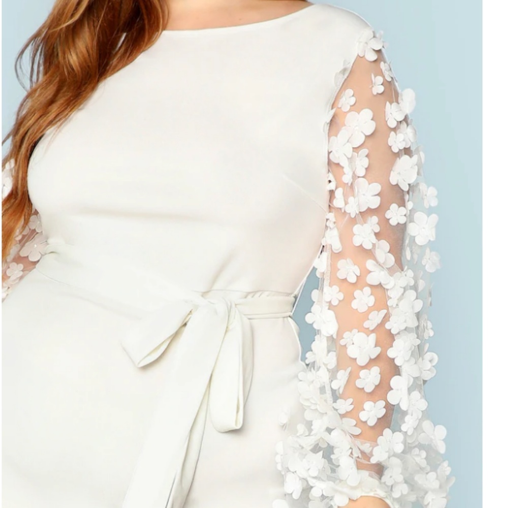 Floral Applique Sheer Bishop Sleeve Belted Dress - Picture 2 of 7